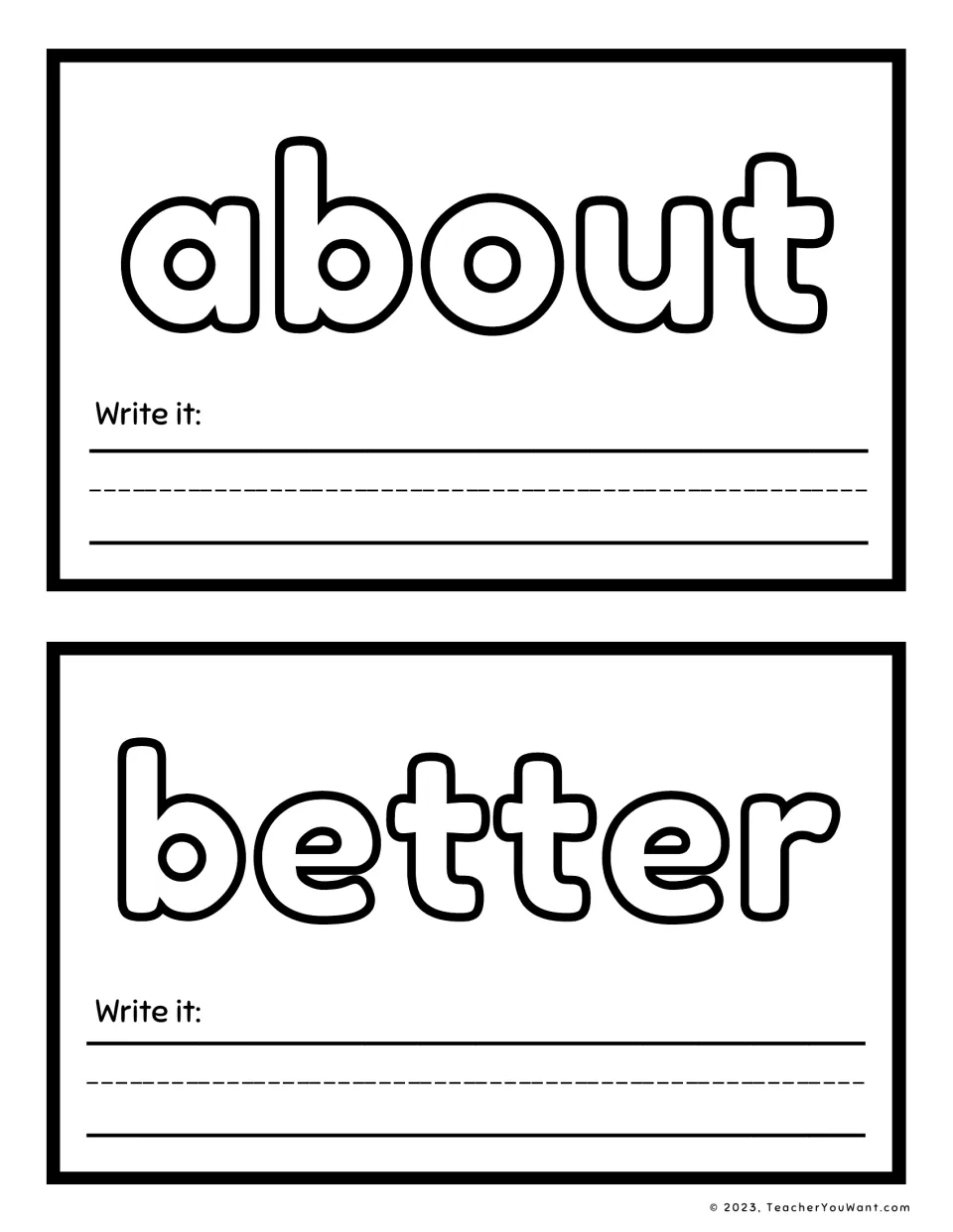 Sight word playdough mats 1–2: about and better, for shaping each word with playdough and writing it.