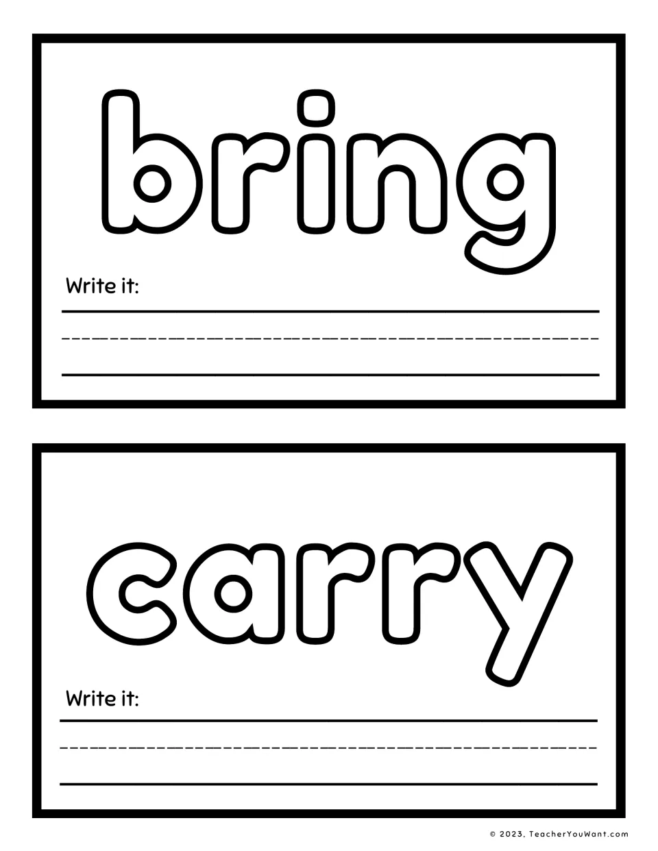 Sight word playdough mats 3–4: bring and carry, for shaping each word with playdough and writing it.