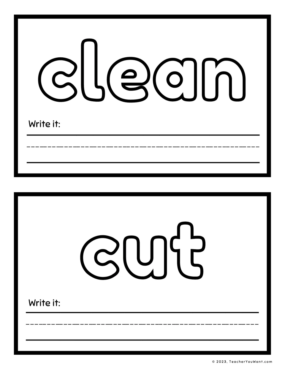 Sight word playdough mats 5–6: clean and cut, for shaping each word with playdough and writing it.