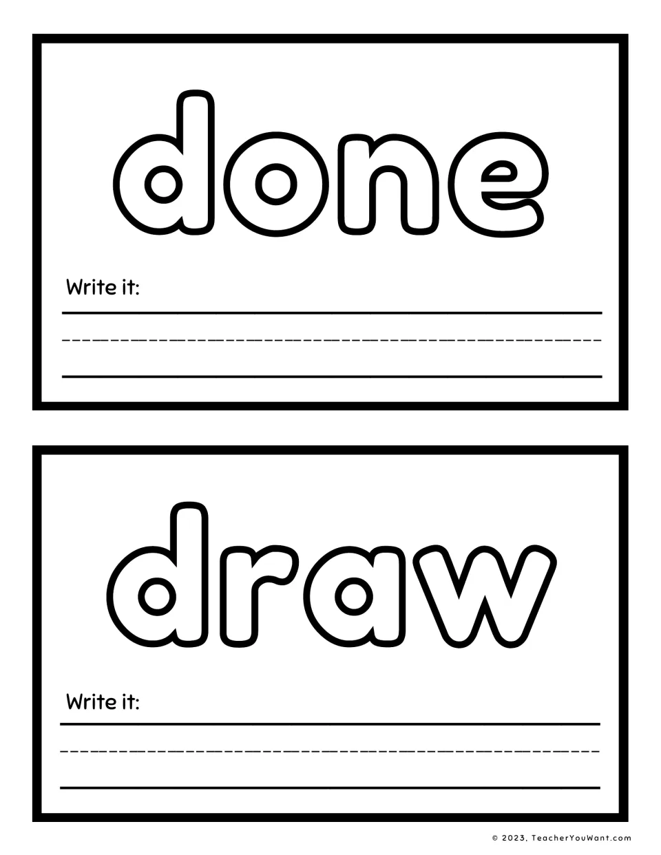 Sight word playdough mats 7–8: done and draw, for shaping each word with playdough and writing it.
