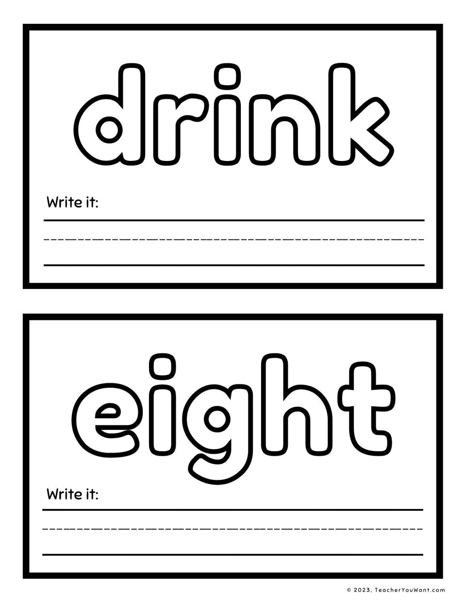 Sight word playdough mats 9–10: drink and eight, for shaping each word with playdough and writing it.