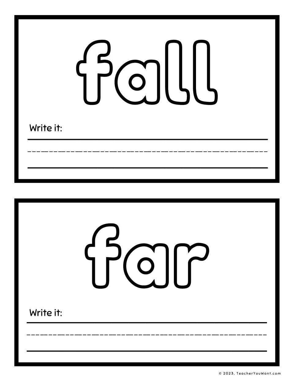 Sight word playdough mats 11–12: fall and far, for shaping each word with playdough and writing it.