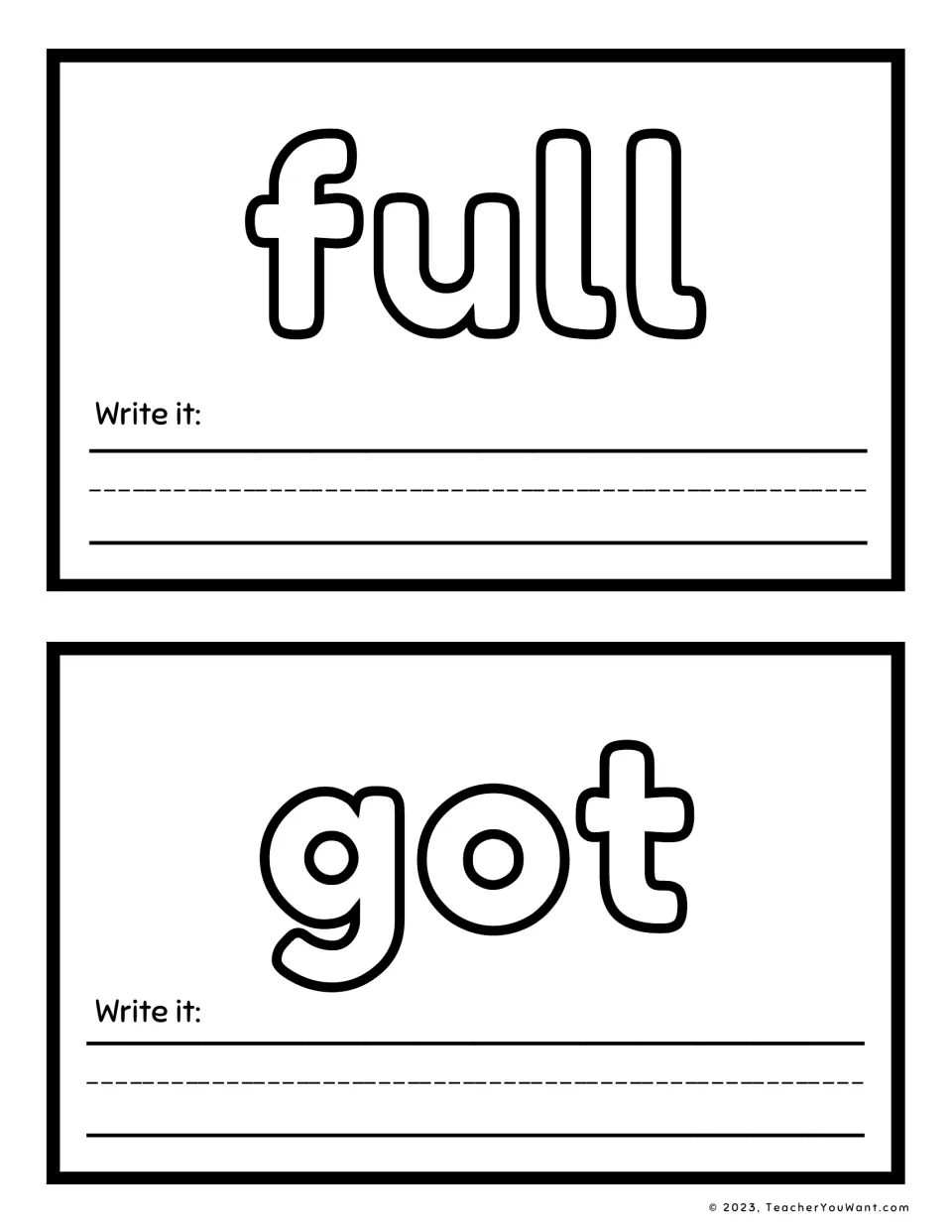 Sight word playdough mats 13–14: full and got, for shaping each word with playdough and writing it.
