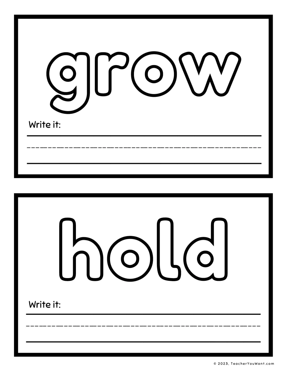 Sight word playdough mats 15–16: grow and hold, for shaping each word with playdough and writing it.