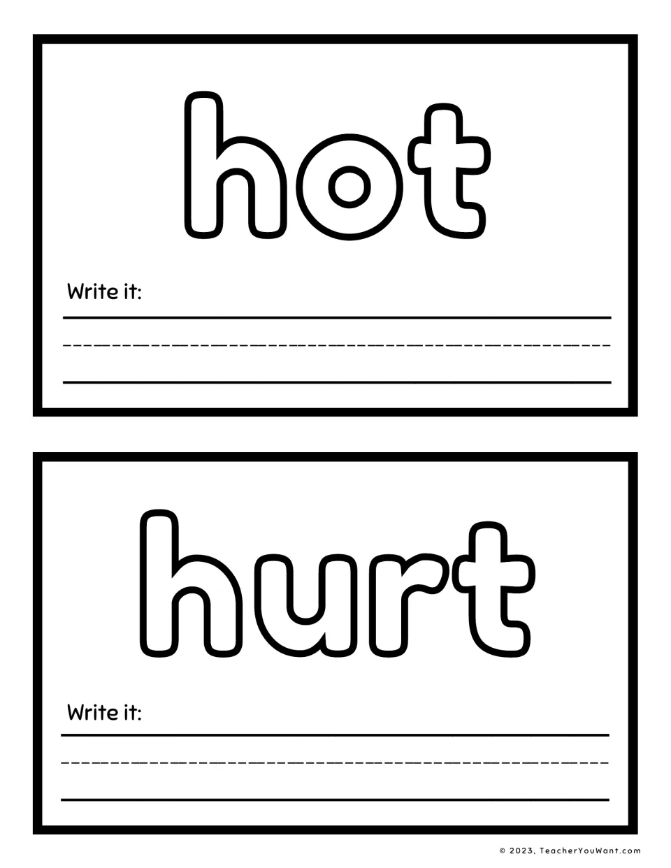 Sight word playdough mats 17–18: hot and hurt, for shaping each word with playdough and writing it.