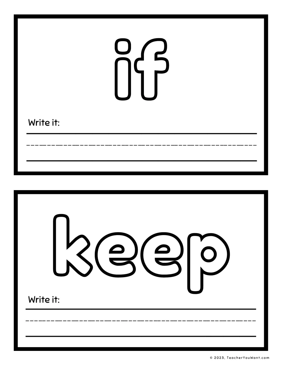 Sight word playdough mats 19–20: if and keep, for shaping each word with playdough and writing it.