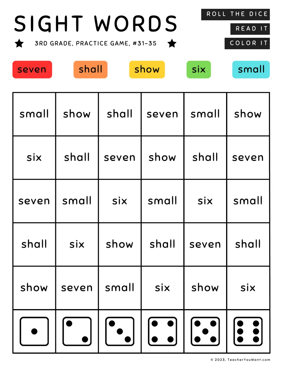Sight words #31-35 dice game: students roll, read seven, shall, show, six or small, then color it by the key