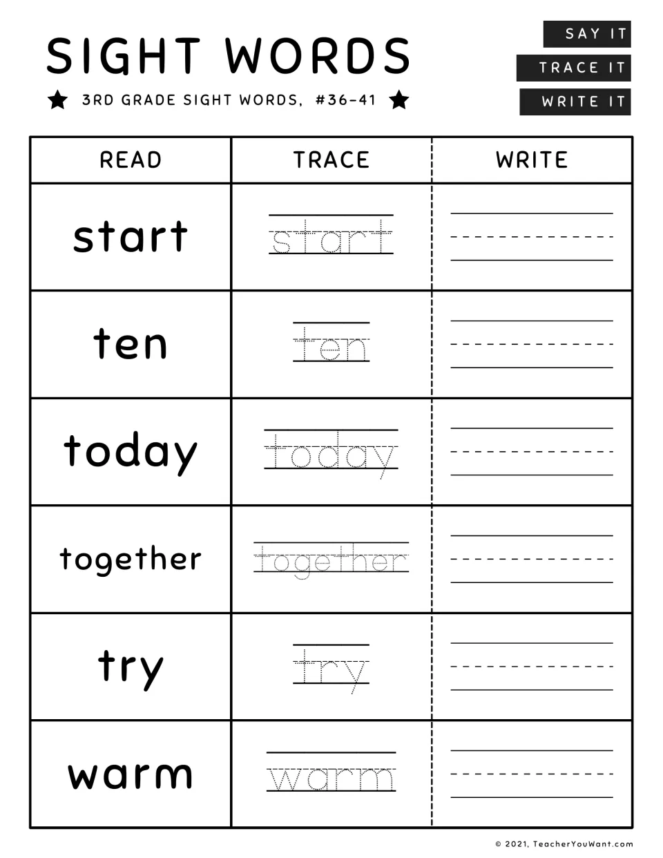 Sight word practice 36–41: read start, ten, today, together, try, and warm, then trace and write each word.