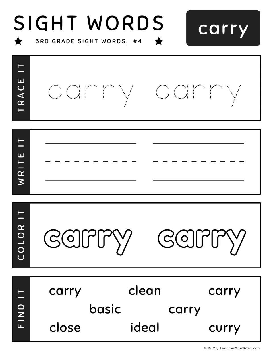 High-frequency word #4, carry: trace, write and color it, then find carry three times while skipping the decoy curry