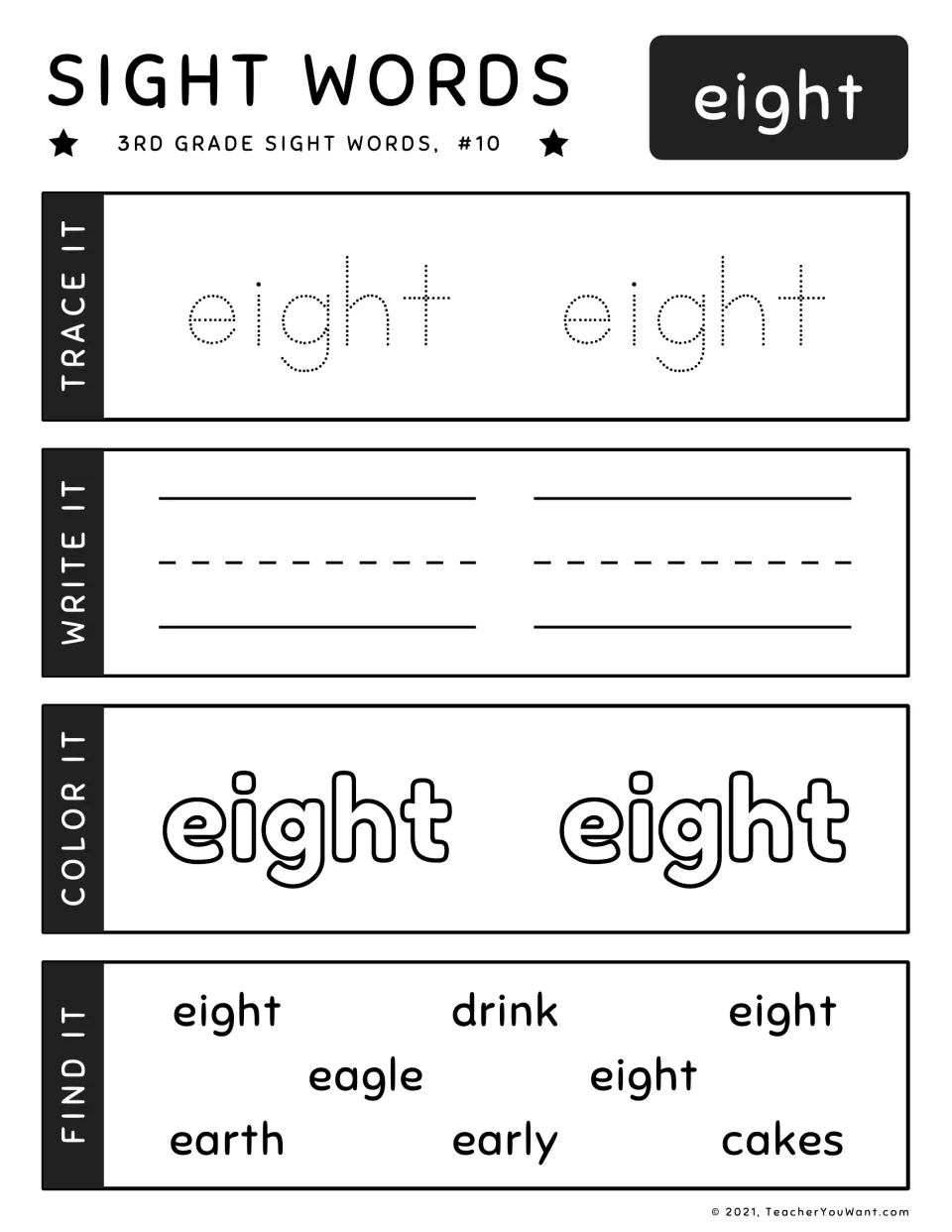 Eight, word #10: students trace and copy the spelling, color it, pick it out from eagle, earth, early, cakes and drink