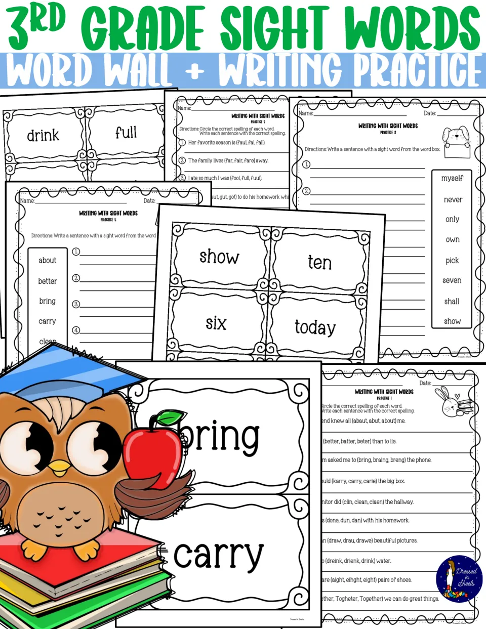 Cover for 3rd grade sight words: word wall cards plus Writing with Sight Words sheets for spelling and sentence writing
