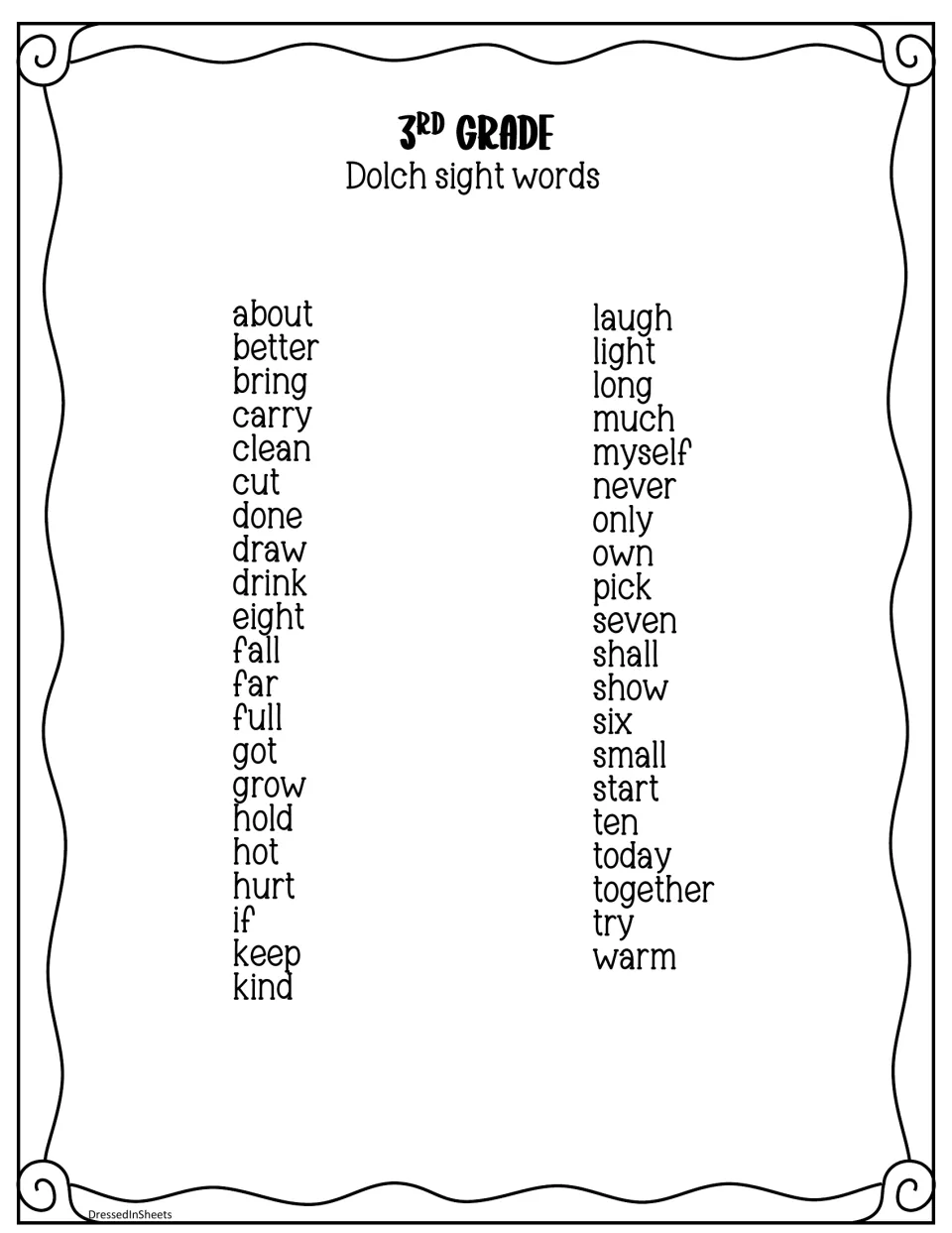 3rd grade Dolch sight words list: 41 words from about, better and bring through together, try and warm for reading
