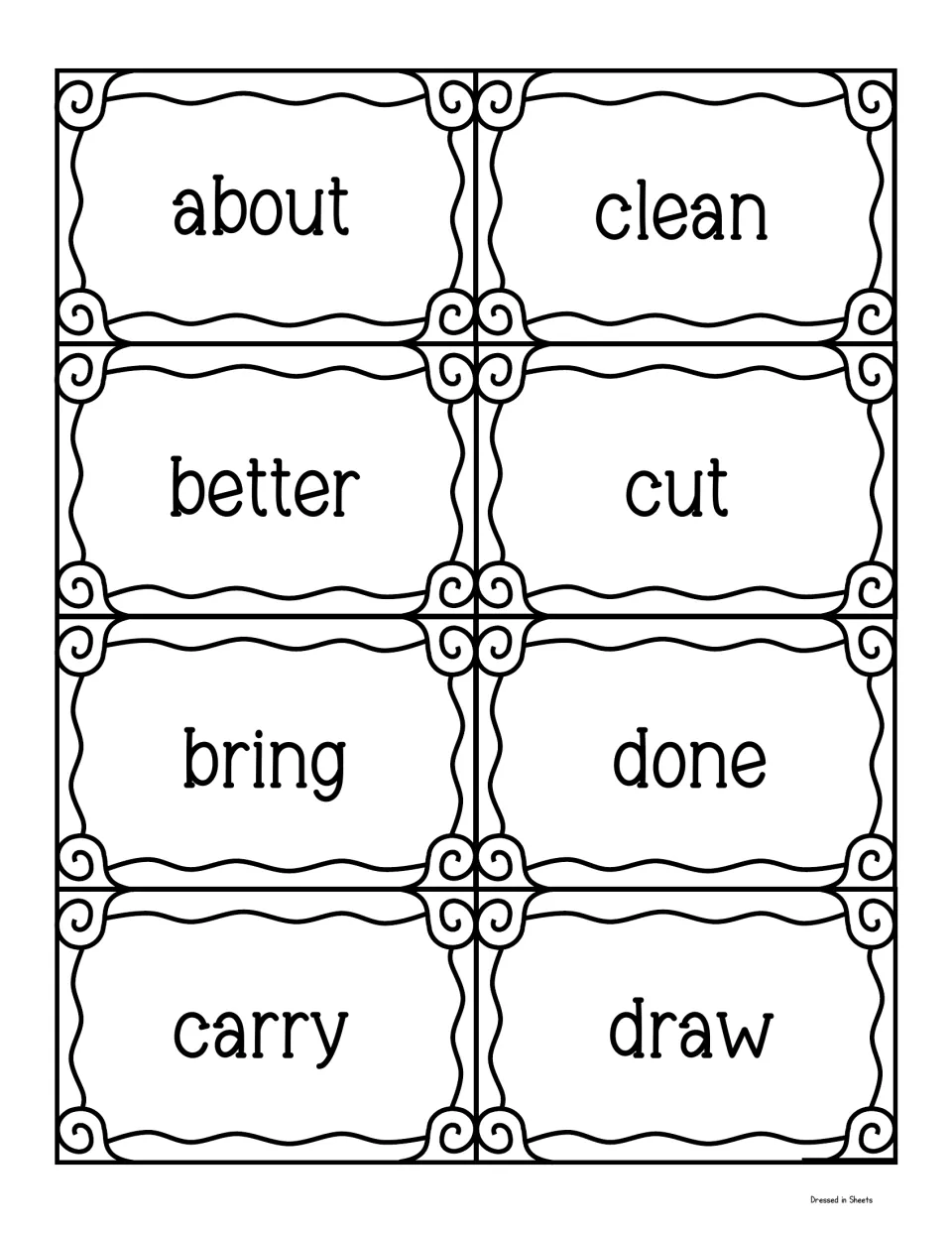 Sight word cards to cut out for the word wall: about, better, bring, carry, clean, cut, done and draw, eight per sheet