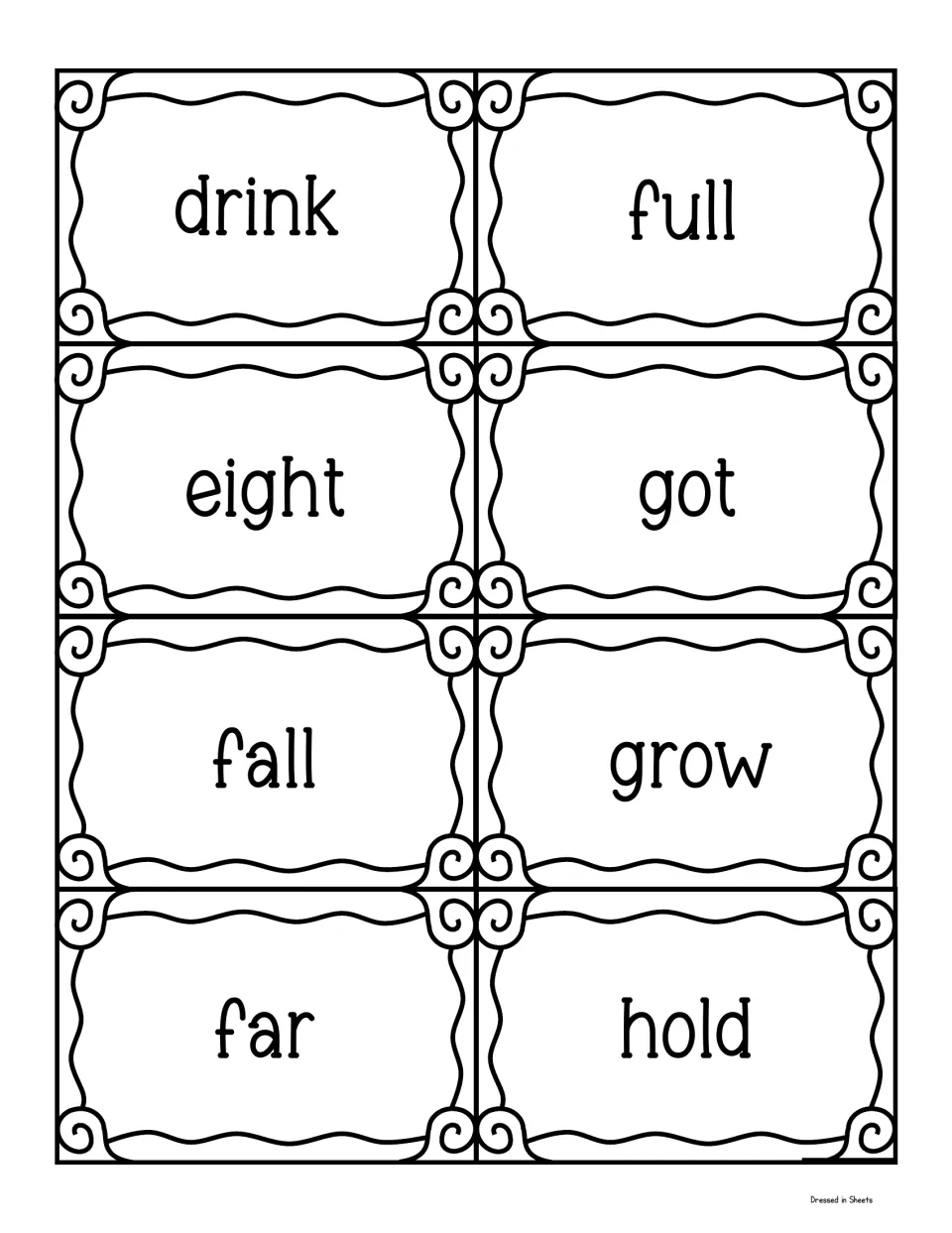 Word wall cards for the sight words drink, eight, fall, far, full, got, grow and hold, ready to cut apart and post