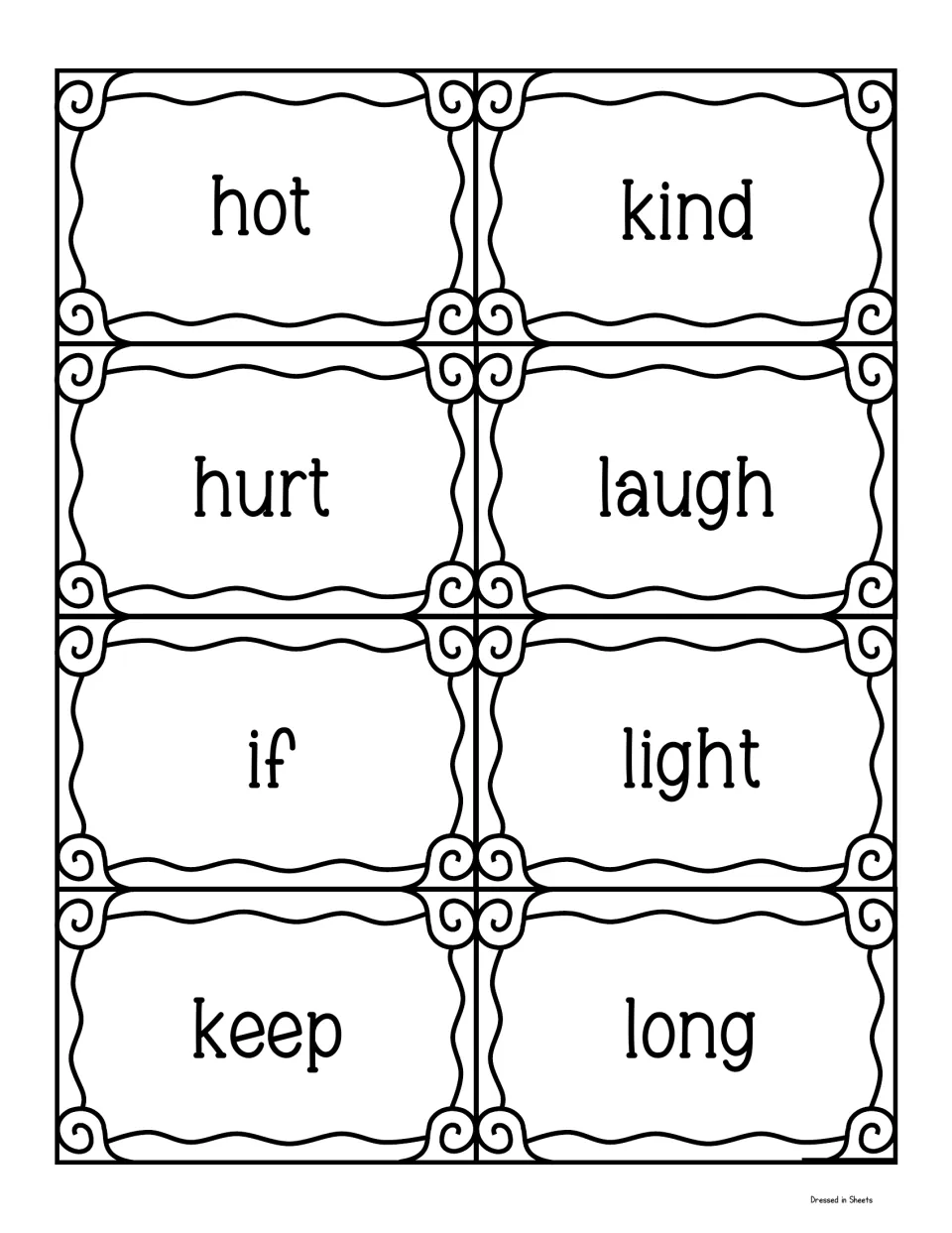 Sight word wall cards for hot, hurt, if, keep, kind, laugh, light and long to cut out and display for word recognition