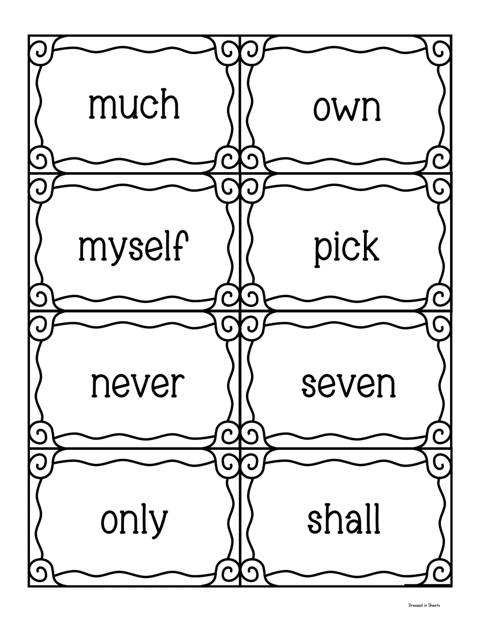 Cut-apart word cards for the sight words much, myself, never, only, own, pick, seven and shall for the classroom wall