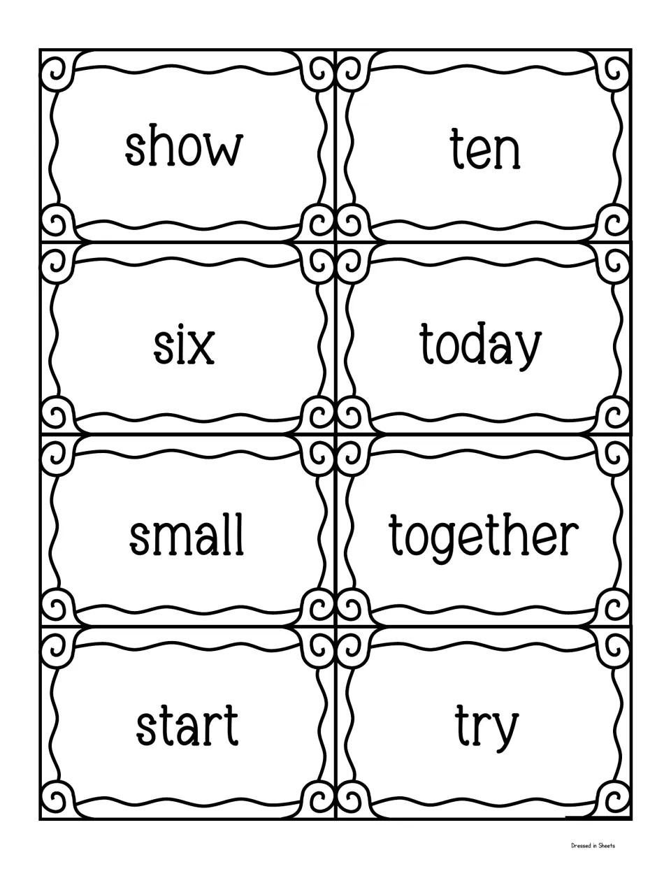 Word wall cards with the sight words show, six, small, start, ten, today, together and try to cut out and post