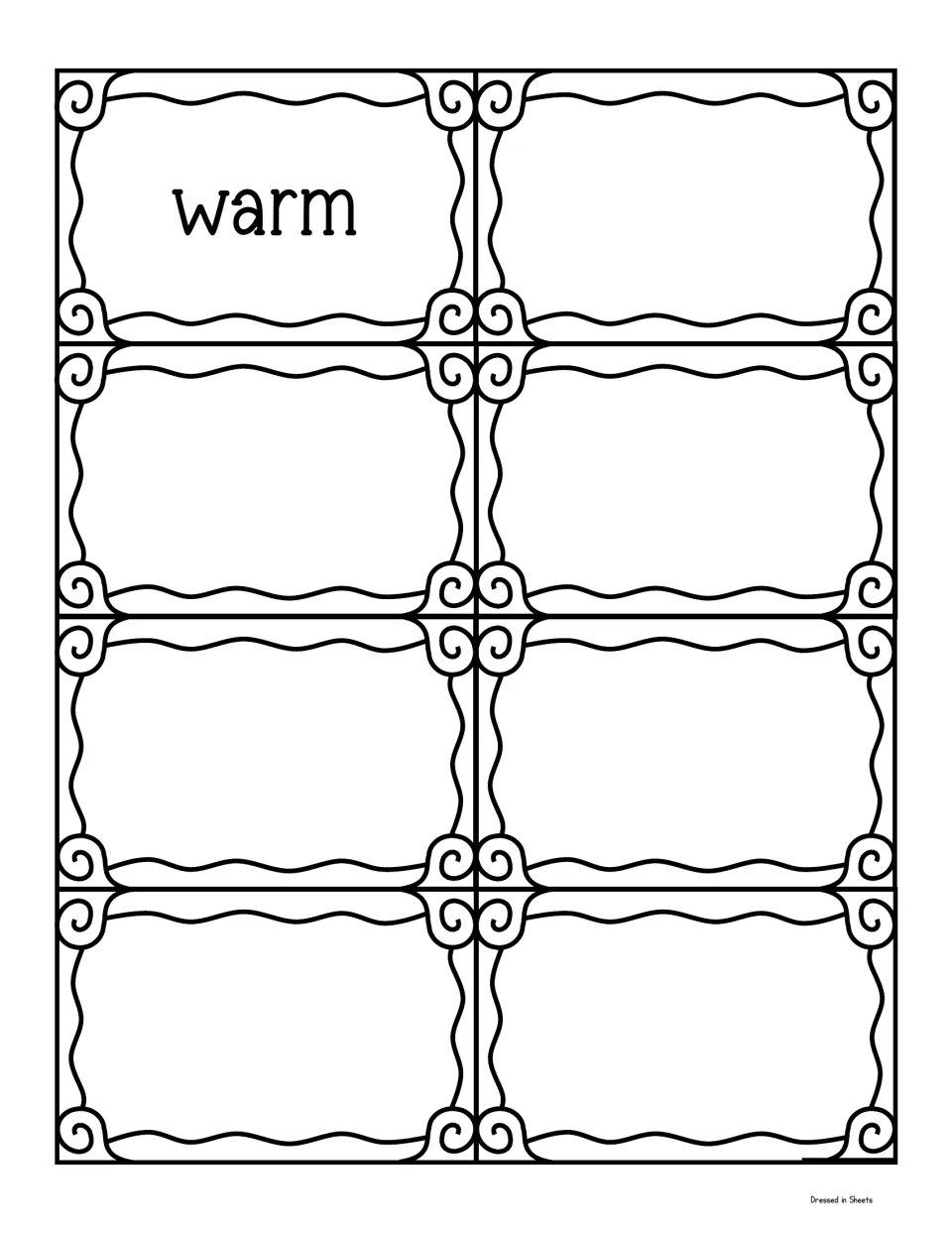 Final sight word card, warm, alongside seven blank cards left empty for writing in additional sight words