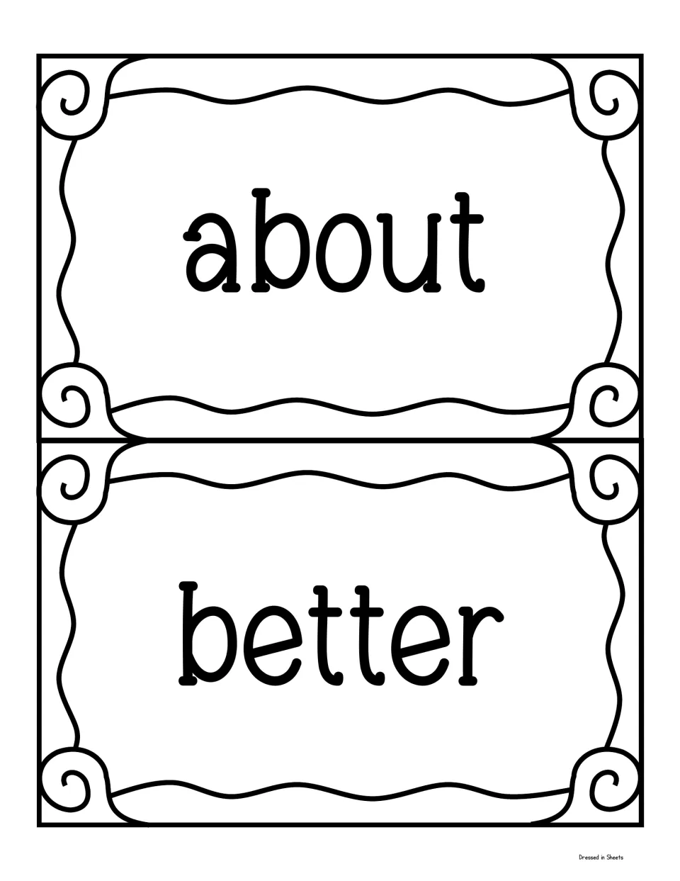 Large-print sight word cards for about and better, two per sheet, sized for display on a classroom word wall