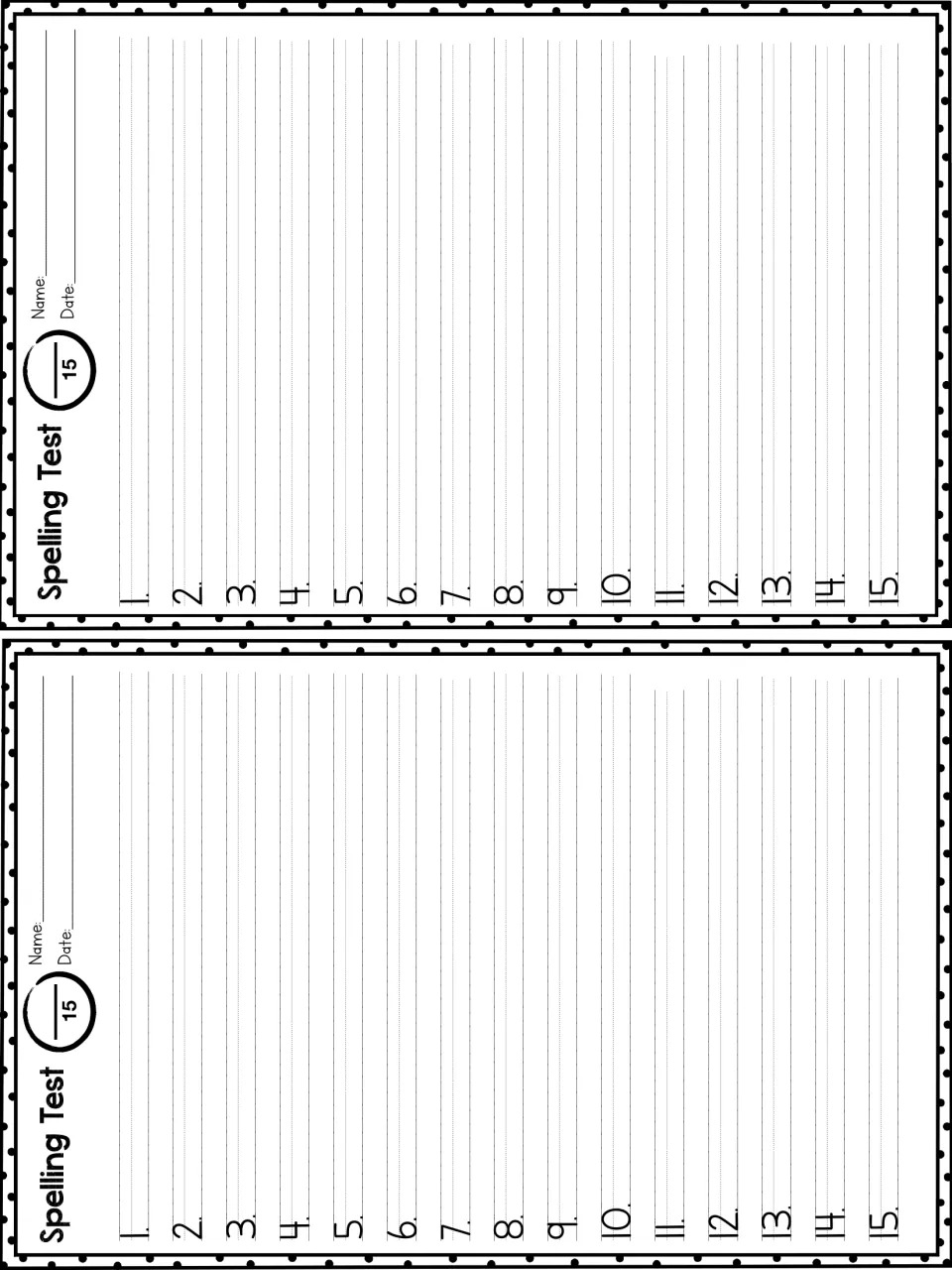 Spelling Test forms, two per page: name, date, score out of 15 and items 1 to 15 where students write the called words