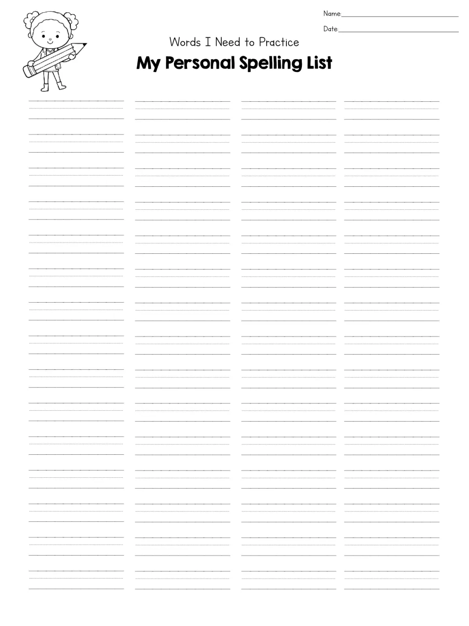 My Personal Spelling List: Words I Need to Practice, where students record their own tricky words to keep reviewing