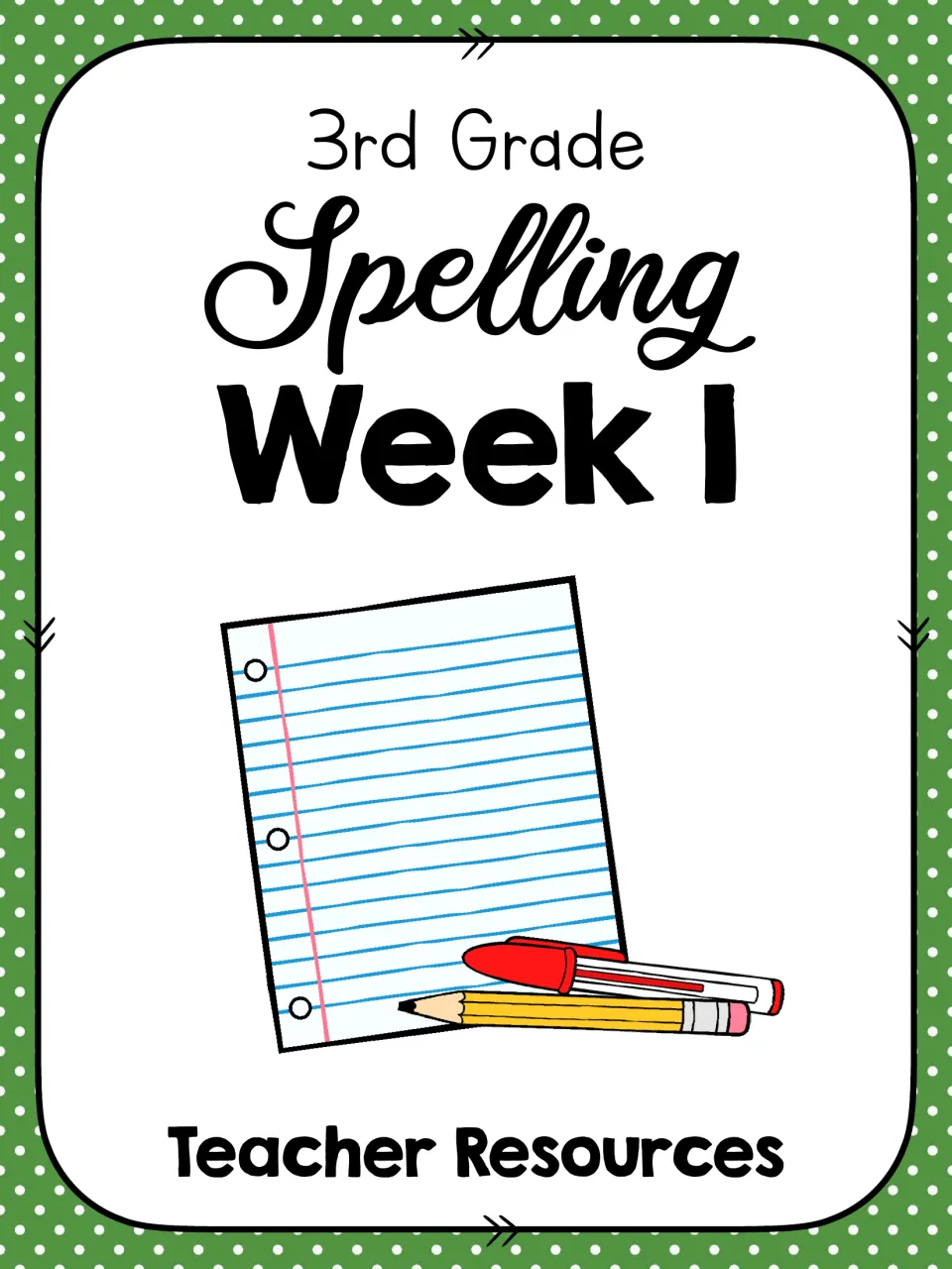 3rd Grade Spelling Week 1 Teacher Resources title page with notebook paper, pencil and pen clip art
