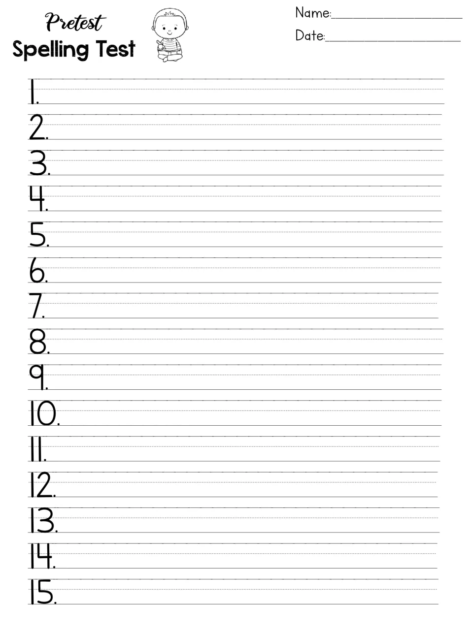 Pretest Spelling Test: students spell 15 called-out words before the week's practice, with name and date spaces