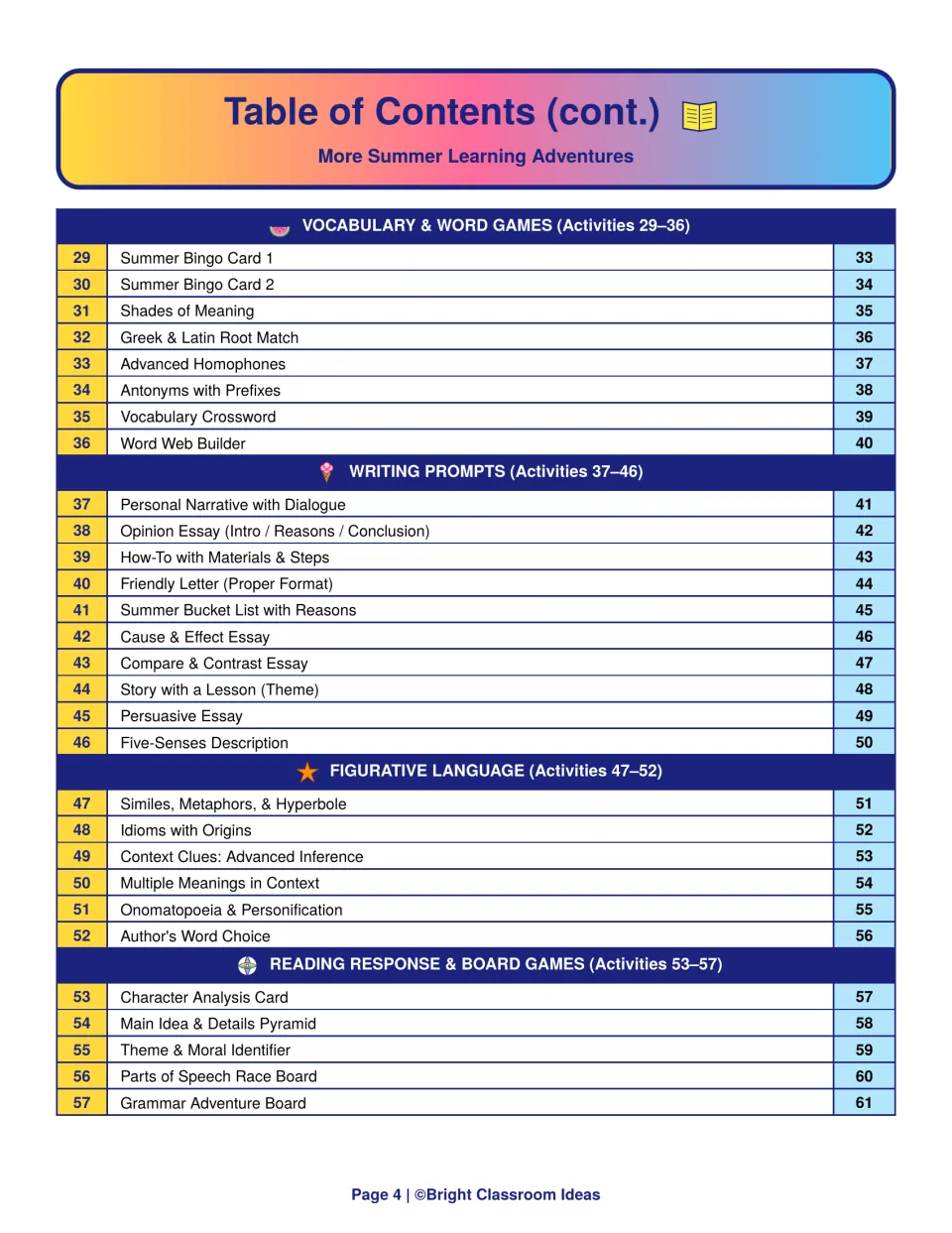Contents for activities 29 to 57: vocabulary games, writing prompts, figurative language, reading response and board games