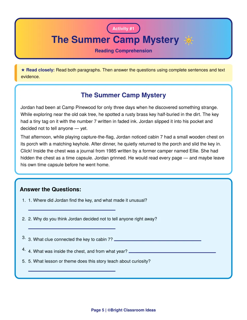 The Summer Camp Mystery: students read a two-paragraph story about a found key and answer 5 questions with text evidence