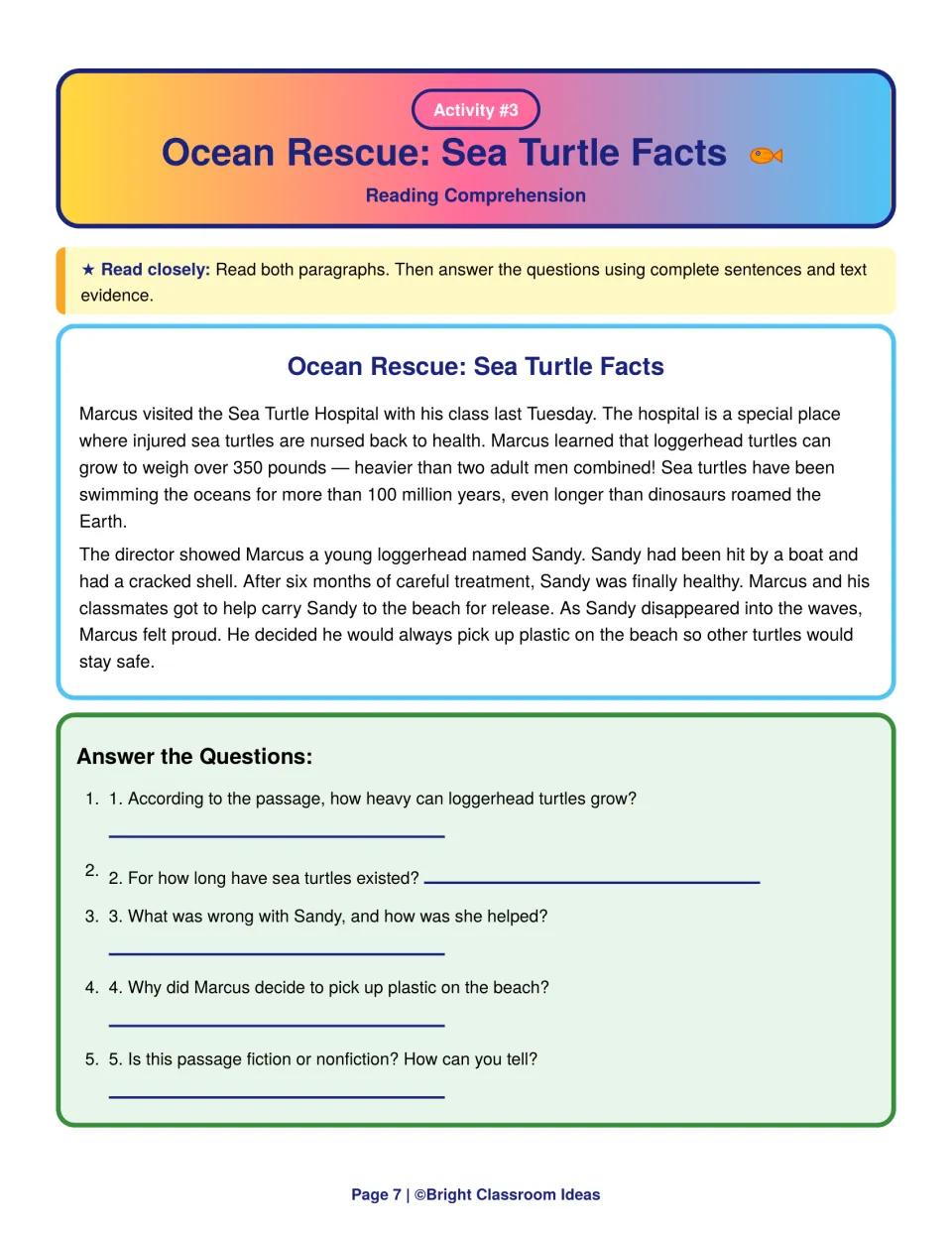 Ocean Rescue: Sea Turtle Facts: students read about Sandy the loggerhead and tell if it is fiction or nonfiction