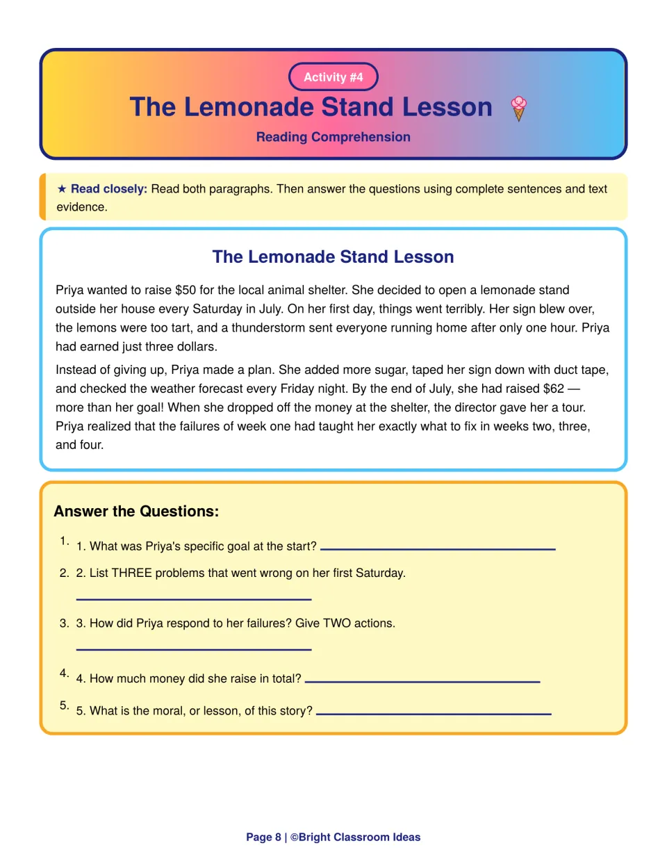 The Lemonade Stand Lesson: students read how Priya fixed her stand and answer questions on problems, actions and moral