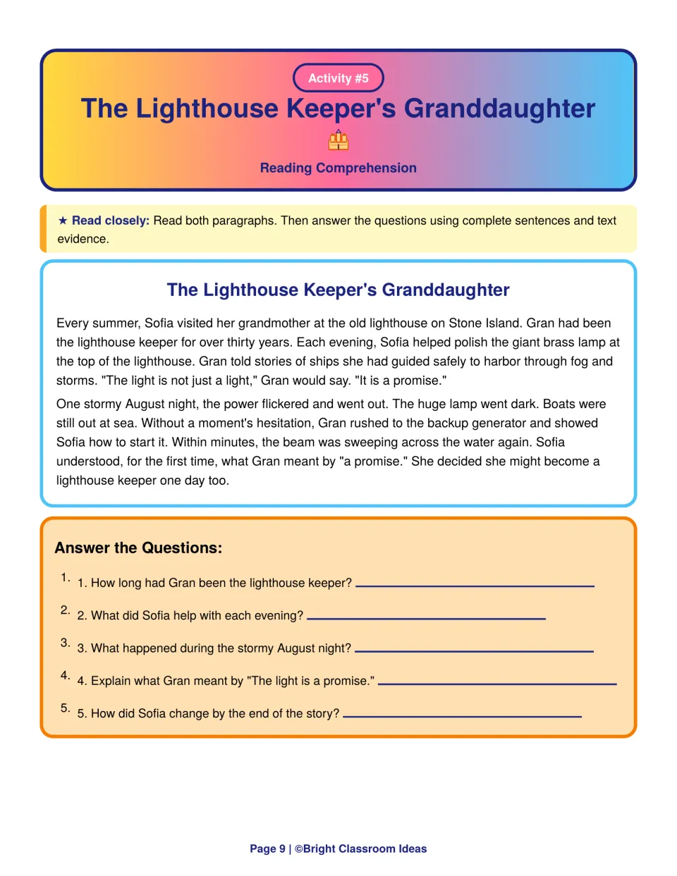 The Lighthouse Keeper's Granddaughter: students read about a stormy night and explain what "The light is a promise" means