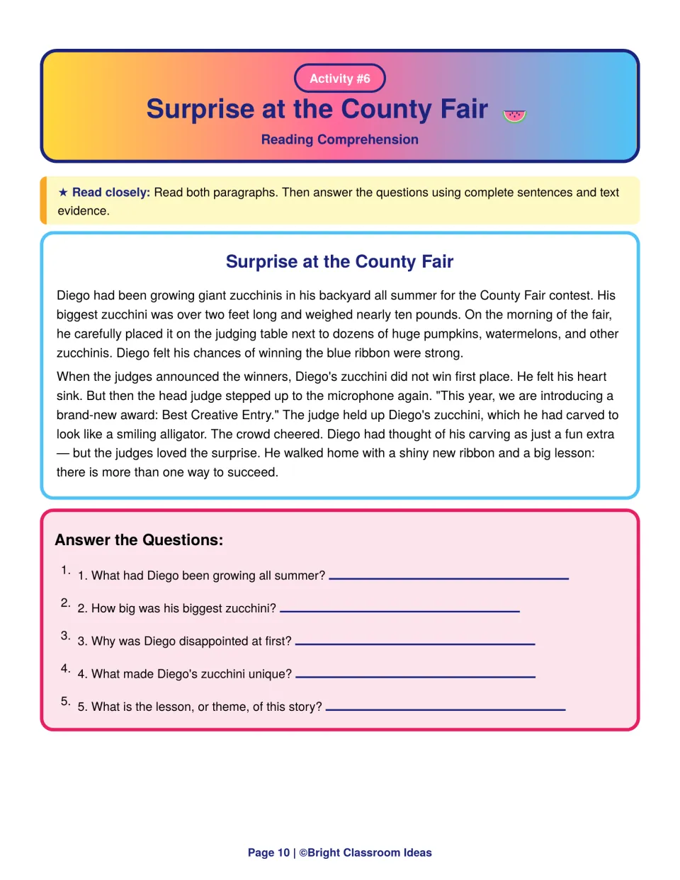 Surprise at the County Fair: students read about Diego's carved zucchini and answer 5 questions ending on theme