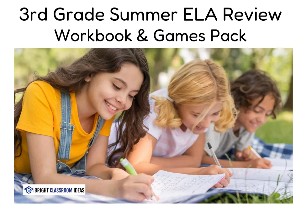 3rd Grade Summer ELA Review Workbook & Games Pack cover: three children lying on a picnic blanket writing in notebooks