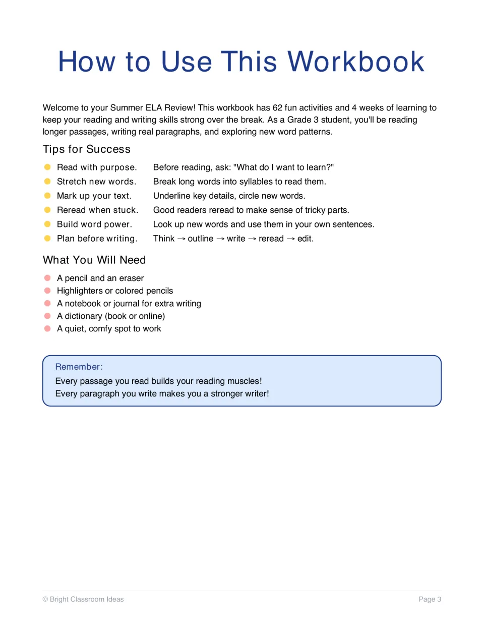 How to use this workbook: student tips such as reading with purpose and planning before writing, plus a supplies list