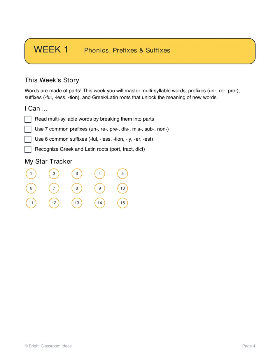 Week 1 intro on phonics, prefixes and suffixes: I Can goals for syllables, affixes and roots, plus a 15-activity star tracker