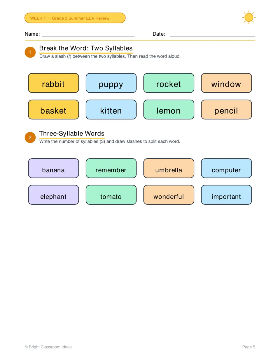 Syllable division: students draw slashes to split two-syllable words like rabbit and three-syllable words like umbrella