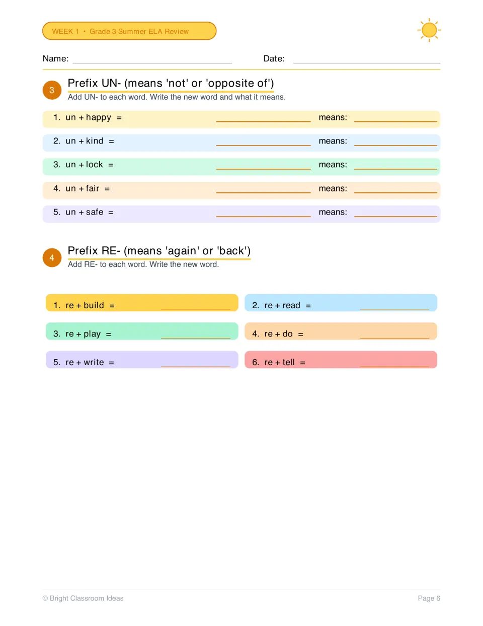 Prefixes un- and re-: students add un- to words like happy and explain the new meaning, then add re- to build and read