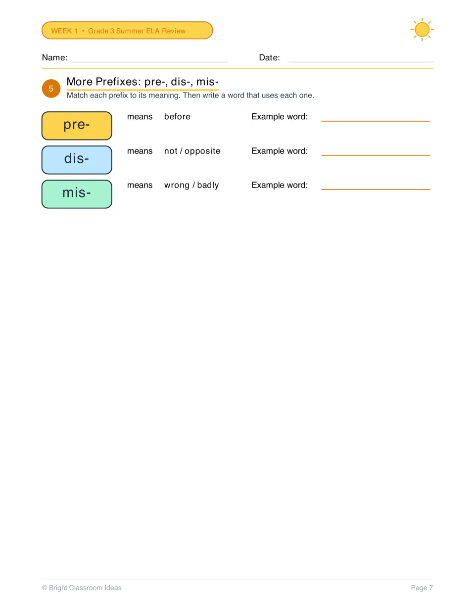 Prefixes pre-, dis- and mis-: students match each prefix to its meaning (before, not, wrong) and write an example word