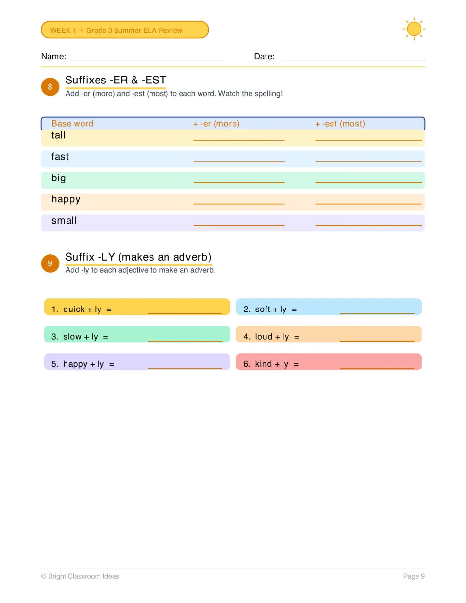 Suffixes -er, -est and -ly: students write more/most forms of tall, big and happy, then turn adjectives into adverbs