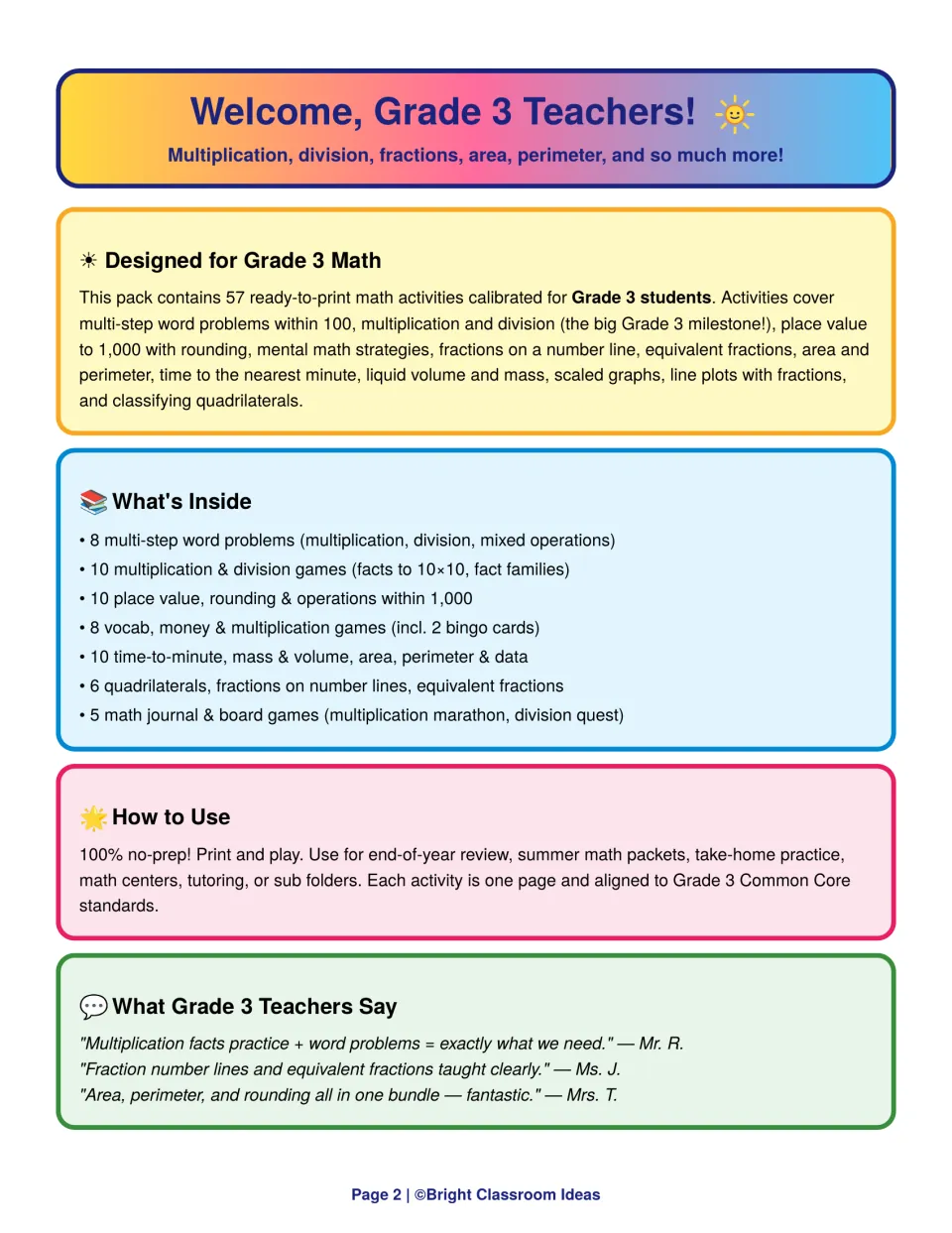 Welcome note for teachers: what the 57 activities cover, a What's Inside list, how-to-use ideas and teacher quotes