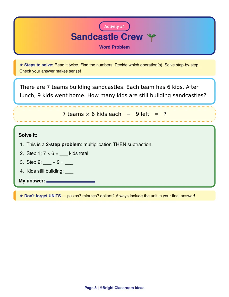 Sandcastle Crew two-step problem: students multiply 7 teams of 6 kids, then subtract the 9 who went home after lunch