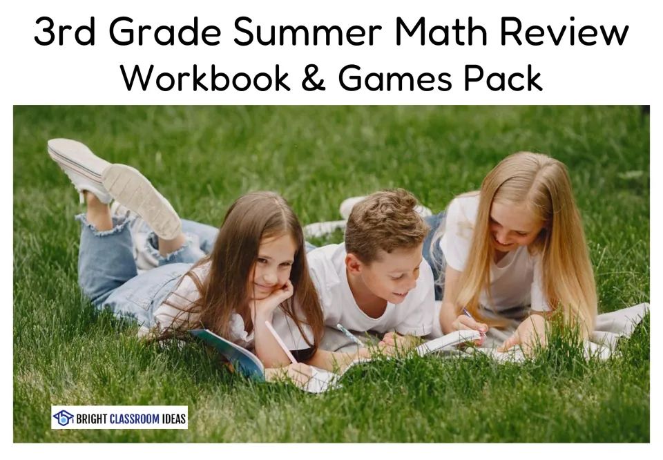 3rd Grade Summer Math Review Workbook & Games Pack cover: three children lying on grass writing in workbooks