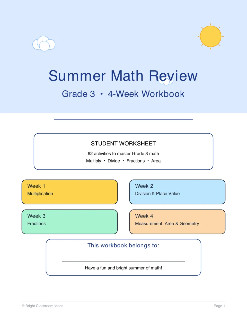 Grade 3 4-week workbook title page: 62 activities, weeks on multiplication, division, fractions, and measurement and area