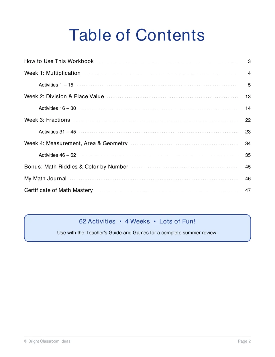 Table of contents listing four weekly units, activities 1 to 62, math riddles, color by number, a journal and a certificate