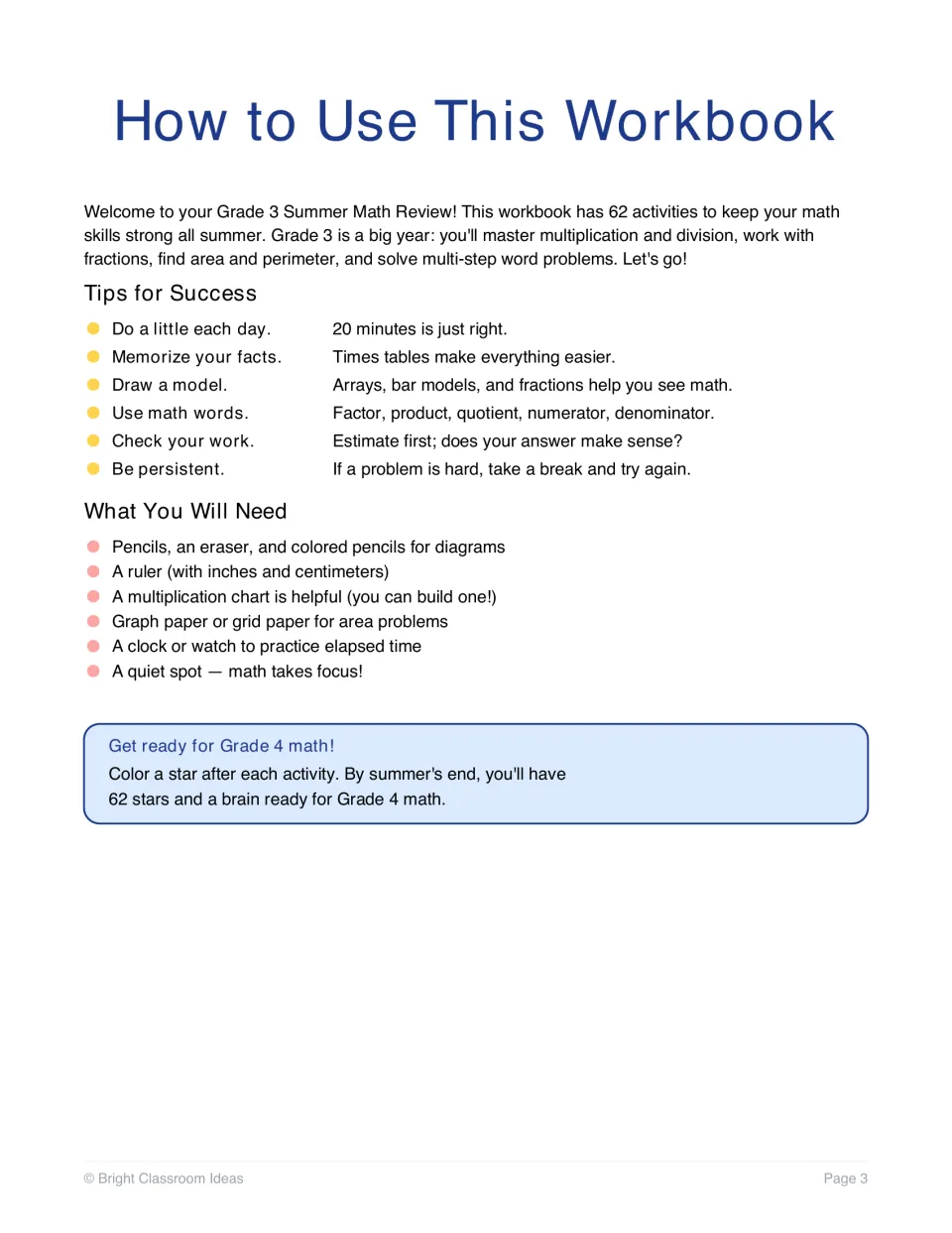 How to use this workbook: welcome note, six tips for success, a supply list and a star-coloring goal for each activity
