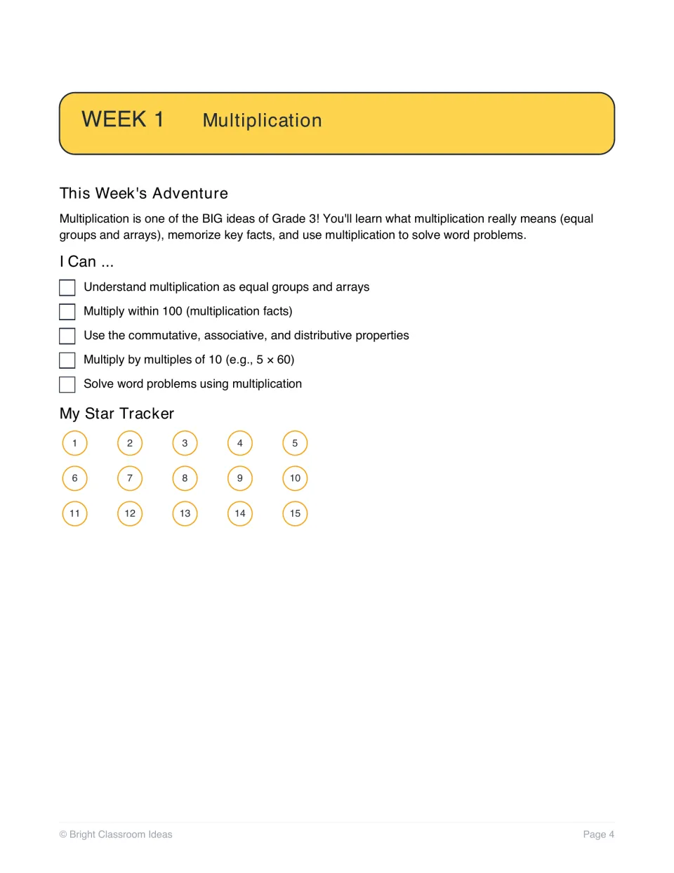 Week 1 multiplication intro: a short overview, five I Can goals to check off and a 15-star tracker for activities