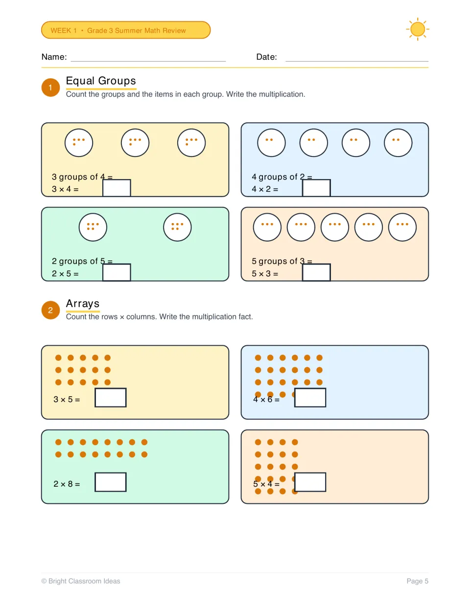 Equal groups and arrays: students count dot groups and rows of dots, then write the matching multiplication fact