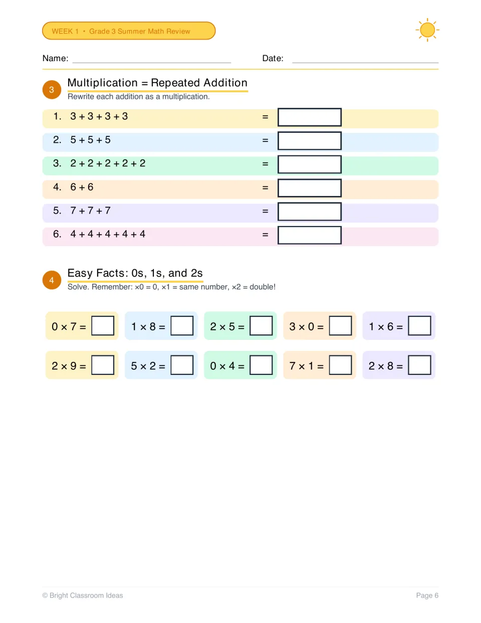 Repeated addition and easy facts: students rewrite 6 addition sums as multiplication, then solve 10 facts with 0, 1 and 2