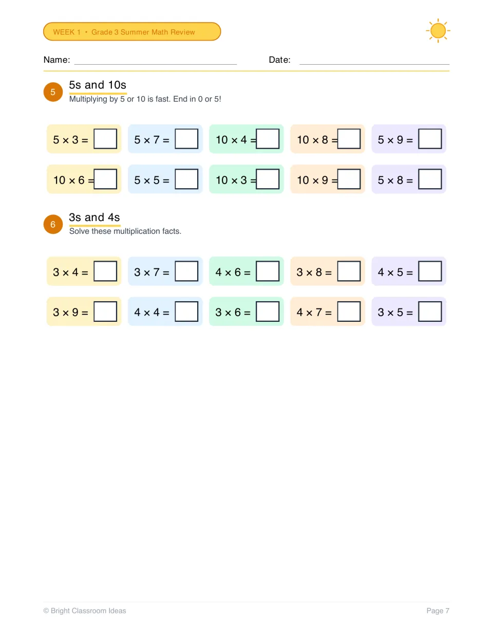 Multiplication facts for 5s, 10s, 3s and 4s: students solve 20 facts, with a tip that 5s and 10s products end in 0 or 5